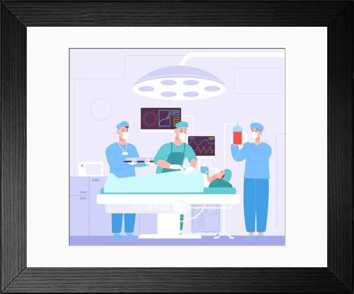 Framed Print : Patient on operating table. Cartoon operation theater under surgical lamp hospital Framed Print : Patient on operating table. Cartoon operation theater under surgical lamp hospital