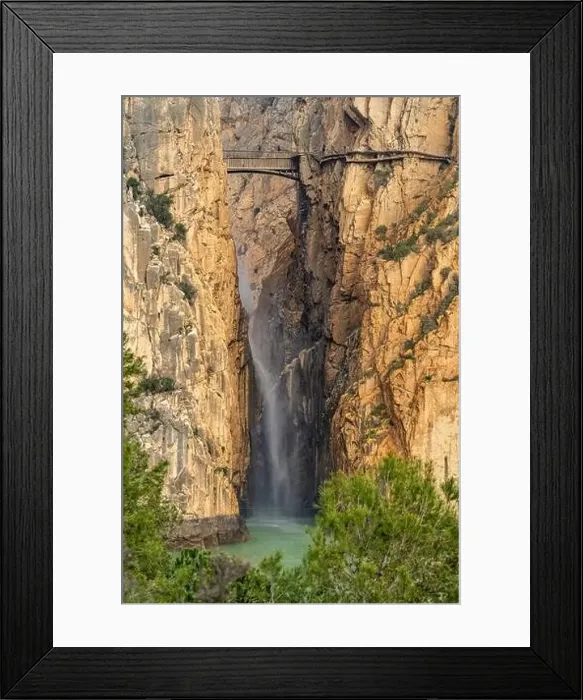 Framed Print : Suspension bridge and waterfall of the Caminito del Rey via ferrata near El Chorro, Andalusia, Spain Framed Print : Suspension bridge and waterfall of the Caminito del Rey via ferrata near El Chorro, Andalusia, Spain