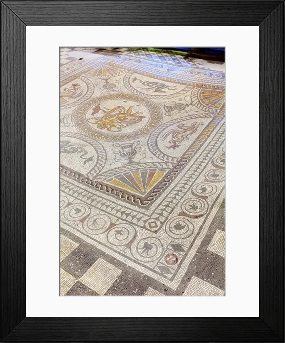 Framed Print : Cupid on a Dolphin mosaic on display at Fishbourne Roman Palace, near Chichester, West Sussex UK Framed Print : Cupid on a Dolphin mosaic on display at Fishbourne Roman Palace, near Chichester, West Sussex UK