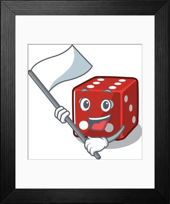 Framed Print : Funny dice cartoon character style holding a standing flag Framed Print : Funny dice cartoon character style holding a standing flag
