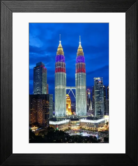 Framed Print : Petronas Twin Towers skyscrapers KLCC skyline at twilight landmark portrait format in Kuala Lumpur Malaysia Framed Print : Petronas Twin Towers skyscrapers KLCC skyline at twilight landmark portrait format in Kuala Lumpur Malaysia