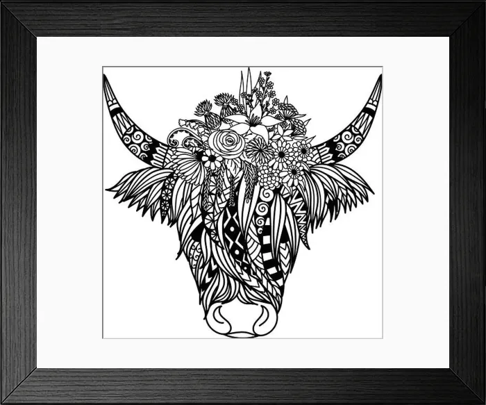 Framed Print : Highland cow with flowers design for coloring book, coloring page, t shirt design and so on. Vector illustration Framed Print : Highland cow with flowers design for coloring book, coloring page, t shirt design and so on. Vector illustration