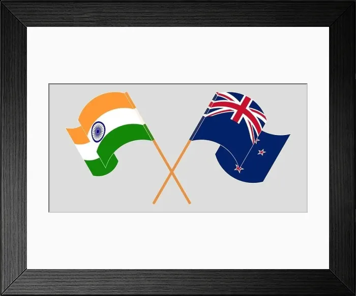 Framed Print : Crossed and waving flags of New Zealand and India. Vector illustration Framed Print : Crossed and waving flags of New Zealand and India. Vector illustration
