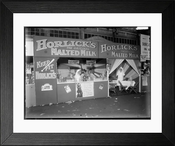 Framed Print : Stall at a trade fair advertising and displaying Horlick's, the original malted milk, 1930 Framed Print : Stall at a trade fair advertising and displaying Horlick's, the original malted milk, 1930