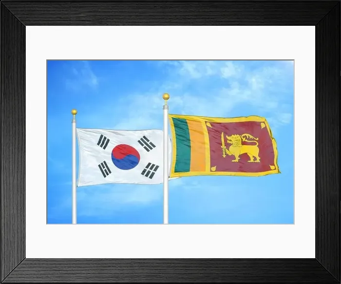 Framed Print : South Korea and Sri Lanka two flags on flagpoles and blue cloudy sky Framed Print : South Korea and Sri Lanka two flags on flagpoles and blue cloudy sky
