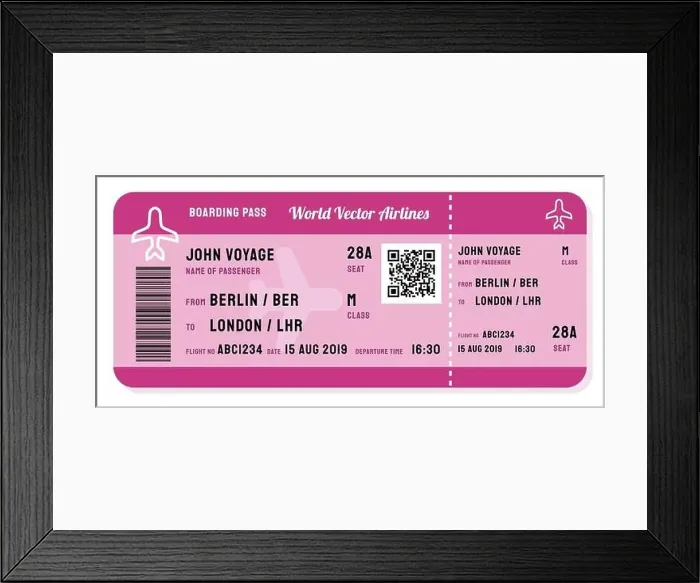 Framed Print : Fictitious boarding pass vector. Modern airline ticket with QR code Framed Print : Fictitious boarding pass vector. Modern airline ticket with QR code