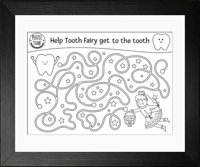 Framed Print : Black and white dental care maze for children Framed Print : Black and white dental care maze for children