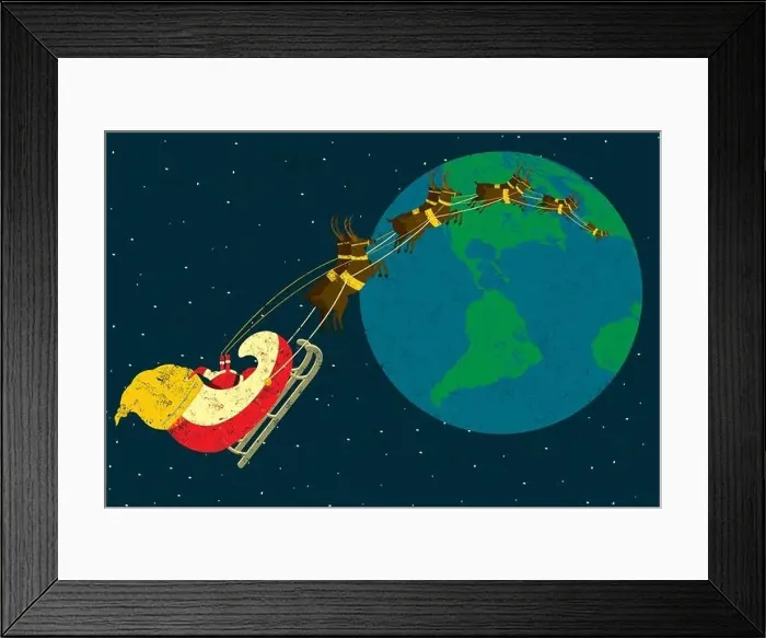 Framed Print : Santa delivering presents Santa Claus flying around the world in his sleigh being pulled by his reindeer Framed Print : Santa delivering presents Santa Claus flying around the world in his sleigh being pulled by his reindeer