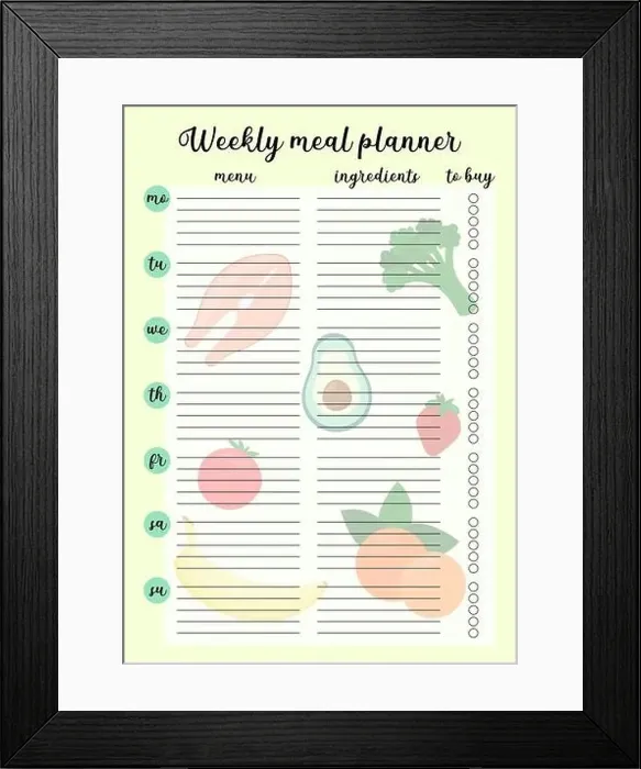 Framed Print : Weekly meal planner printable page Framed Print : Weekly meal planner printable page