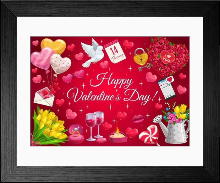 Framed Print : Happy Valentines day greeting with sparkling stars and golden heart balloons Framed Print : Happy Valentines day greeting with sparkling stars and golden heart balloons