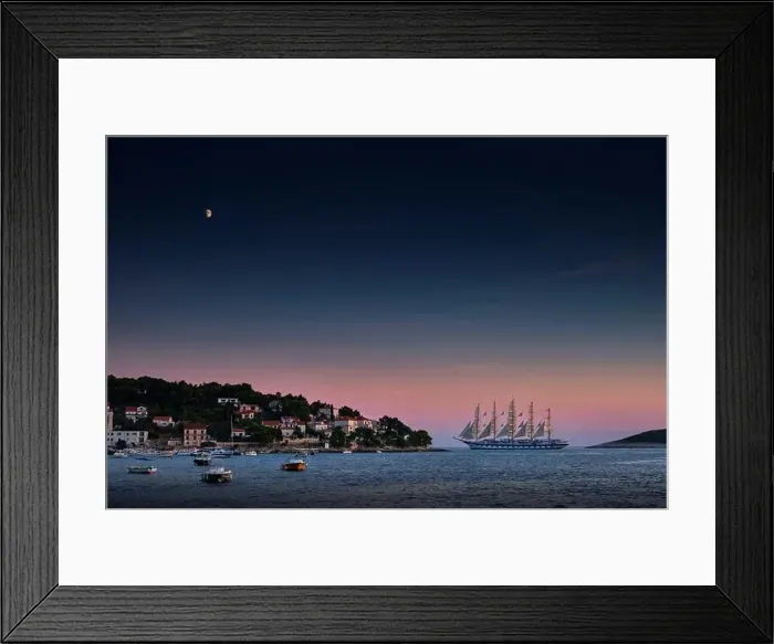 Framed Print : World's largest sailing ship, the 5 masted Royal Clipper of Star Clippers Line leaving the port of Hvar Framed Print : World's largest sailing ship, the 5 masted Royal Clipper of Star Clippers Line leaving the port of Hvar