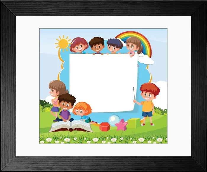 Framed Print : Empty board with many children cartoon character on nature park background illustration Framed Print : Empty board with many children cartoon character on nature park background illustration