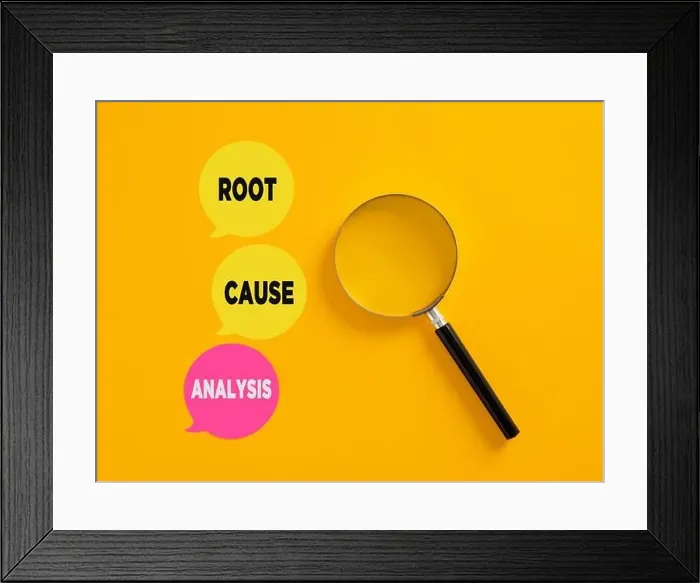 Framed Print : Root cause analysis concept written on speech bubbles with magnifying glass. Business problem solving