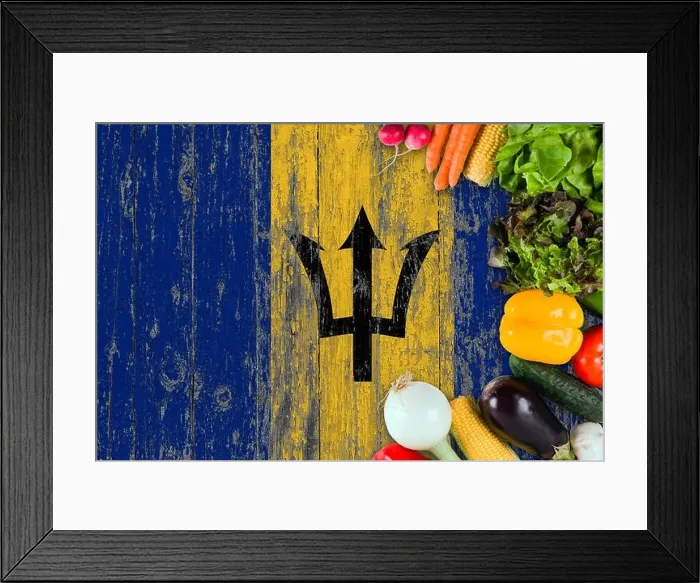 Framed Print : Fresh vegetables from Barbados on table. Cooking concept on wooden flag background Framed Print : Fresh vegetables from Barbados on table. Cooking concept on wooden flag background