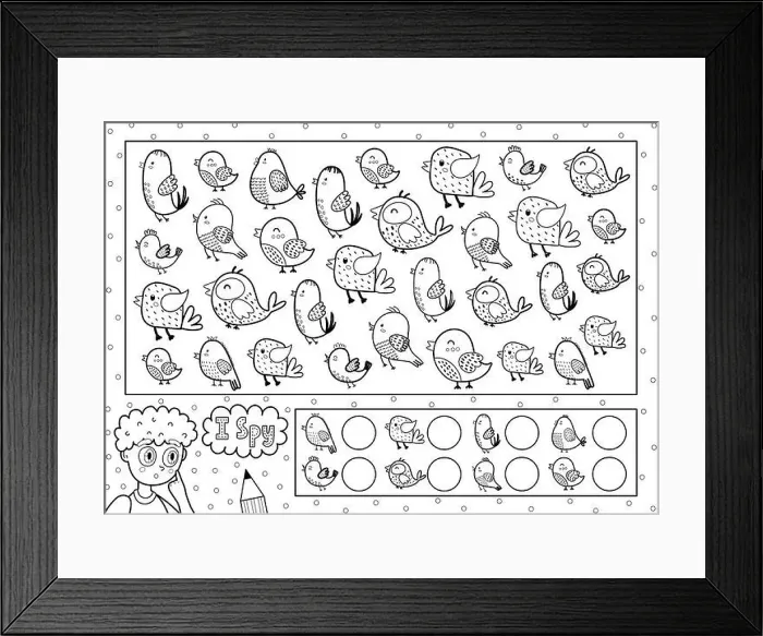 Framed Print : I spy game coloring page for kids. Find and count cute birds Framed Print : I spy game coloring page for kids. Find and count cute birds