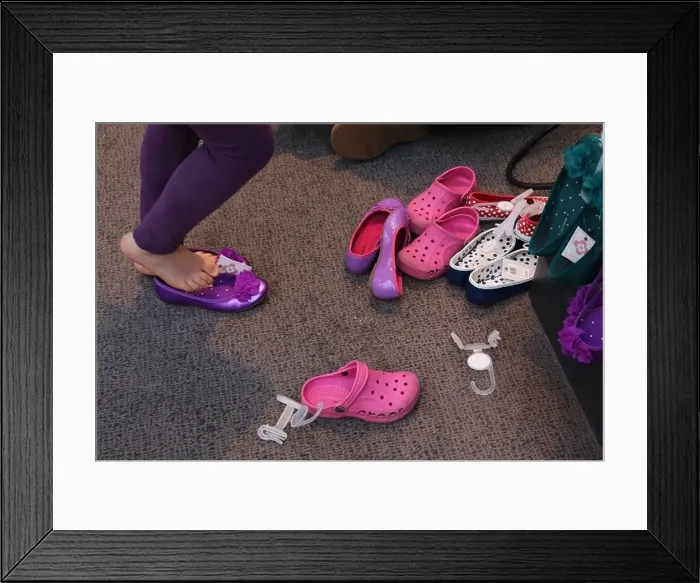 Framed Print : Kingston Upon Thames Surrey John Lewis Store Girl Trying On Purple Ballet Pump Shoes Framed Print : Kingston Upon Thames Surrey John Lewis Store Girl Trying On Purple Ballet Pump Shoes