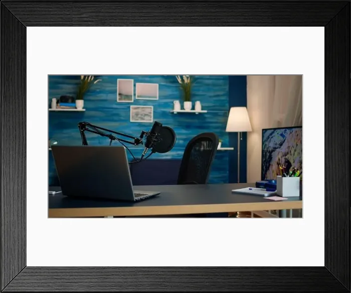 Framed Print : Empty podcast room with professional microphone in vlogger home studio in living Framed Print : Empty podcast room with professional microphone in vlogger home studio in living