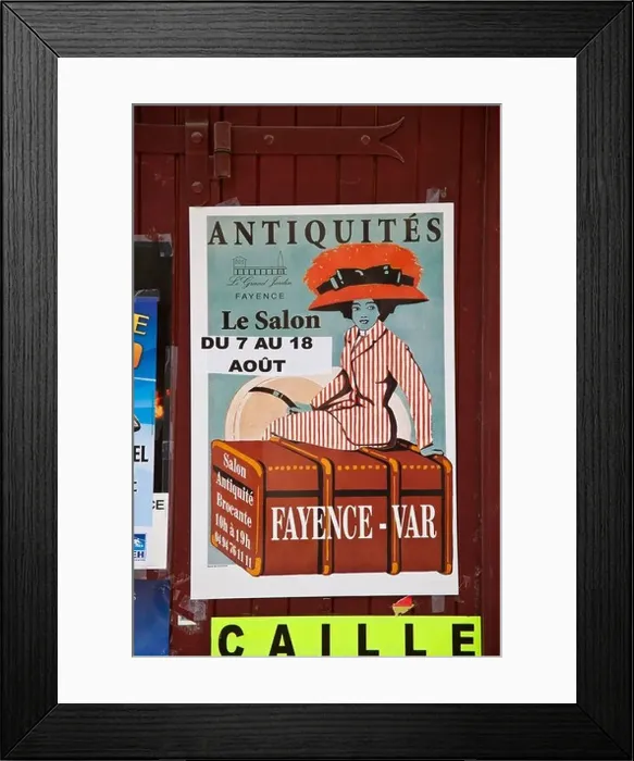 Framed Print : Old poster advertising antiques, Fayence, Provence, France Framed Print : Old poster advertising antiques, Fayence, Provence, France