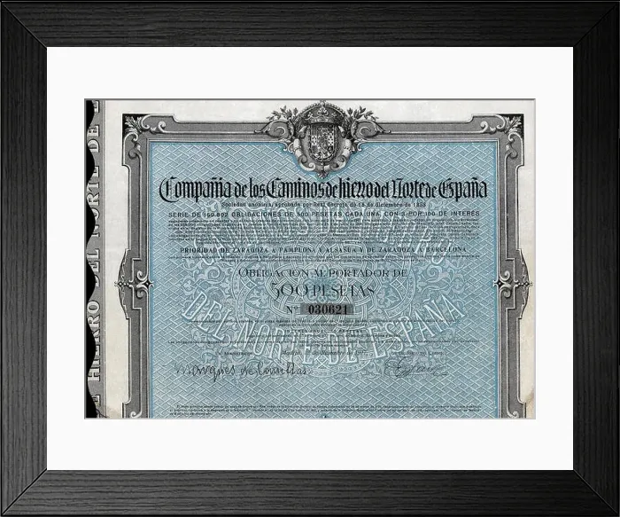 Framed Print : Bond of 500 pesetas of the Company of the Caminos de Hierro del Norte de España, S.A. (railroads … Framed Print : Bond of 500 pesetas of the Company of the Caminos de Hierro del Norte de España, S.A. (railroads …