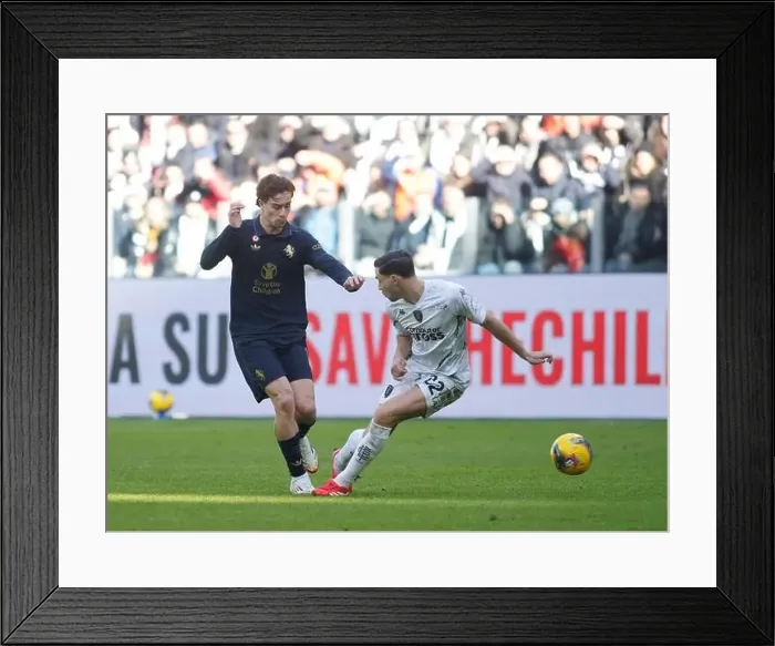 Framed Print : Turin, Italy. 02nd Feb, 2025. Kenan Yildiz of Juventus FC and Mattia De Sciglio of Empoli FC during the Italian Serie A Framed Print : Turin, Italy. 02nd Feb, 2025. Kenan Yildiz of Juventus FC and Mattia De Sciglio of Empoli FC during the Italian Serie A