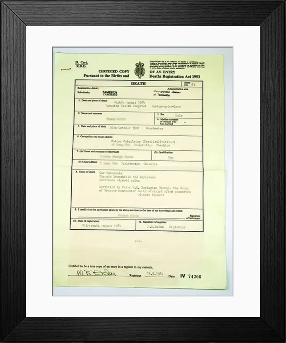 Framed Print : Death Certificate