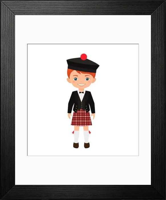 Framed Print : Cute boy character in Scottish suit isolated on white background. Cartoon flat style. Vector illustration Framed Print : Cute boy character in Scottish suit isolated on white background. Cartoon flat style. Vector illustration