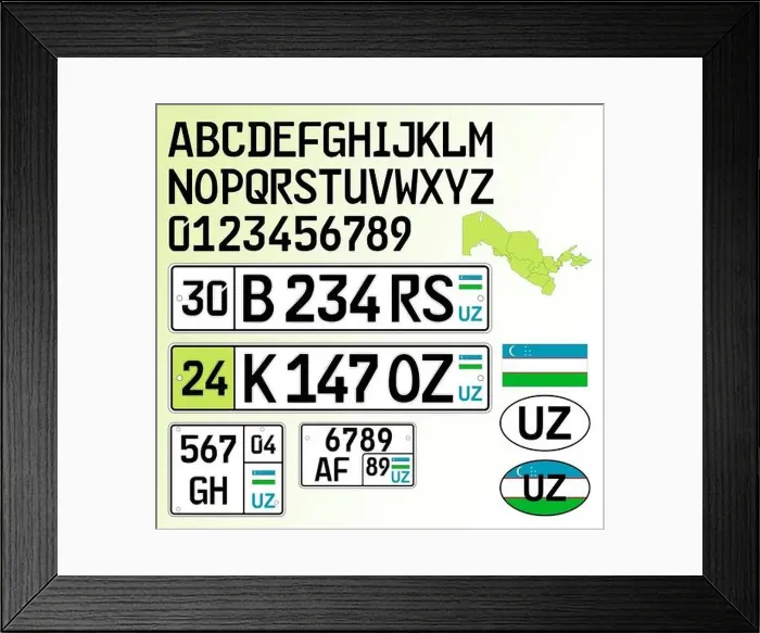 Framed Print : Uzbekistan car license plate pattern, numbers, letters and symbols, asian country, vector illustration Framed Print : Uzbekistan car license plate pattern, numbers, letters and symbols, asian country, vector illustration