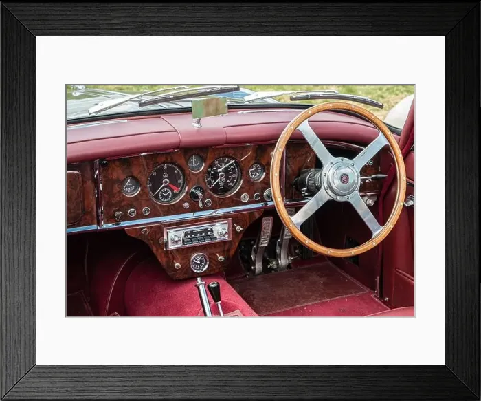 Framed Print : Classic Jaguar sports car Walnut dashboard and interior Framed Print : Classic Jaguar sports car Walnut dashboard and interior