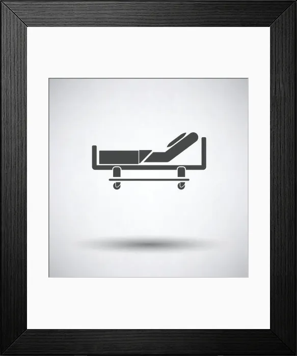 Framed Print : Hospital bed icon on gray background, round shadow. Vector illustration Framed Print : Hospital bed icon on gray background, round shadow. Vector illustration