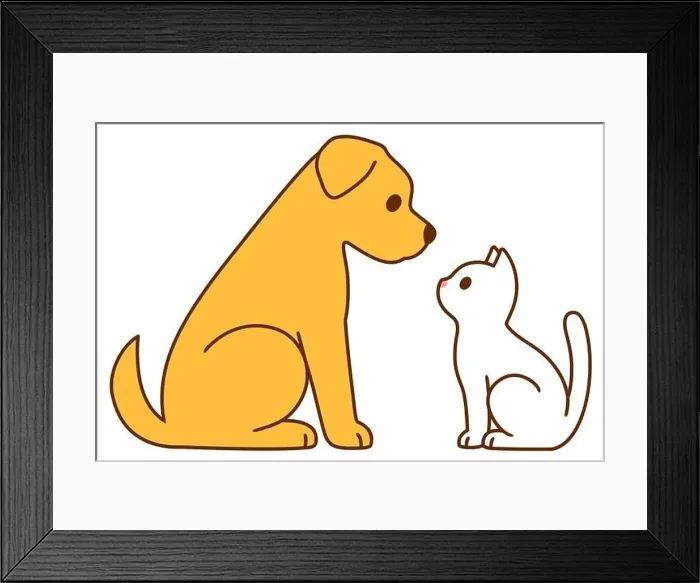 Framed Print : Cartoon cat and dog sitting facing each other Framed Print : Cartoon cat and dog sitting facing each other