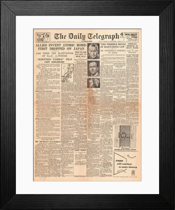 Framed Print : 1945 Daily Telegraph front page reporting Atom Bomb Dropped On Hiroshima Framed Print : 1945 Daily Telegraph front page reporting Atom Bomb Dropped On Hiroshima
