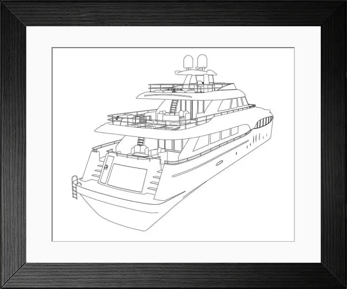 Framed Print : Outline of a large luxury yacht from black lines isolated on a white background. Back view. 3D. Vector illustration Framed Print : Outline of a large luxury yacht from black lines isolated on a white background. Back view. 3D. Vector illustration