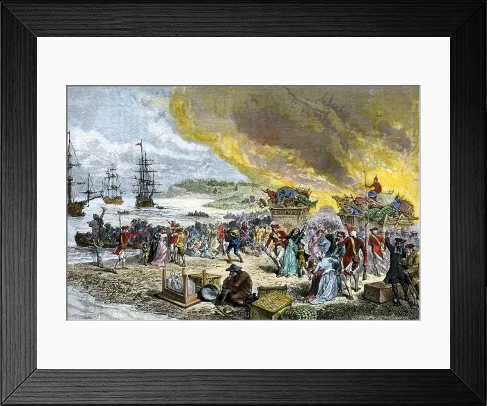 Framed Print : Deportation of the French Acadians by the British 1755. Hand-colored woodcut Framed Print : Deportation of the French Acadians by the British 1755. Hand-colored woodcut