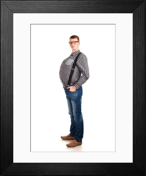 Framed Print : Portrait of young man with big belly