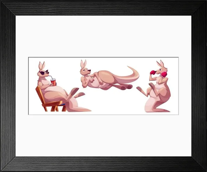 Framed Print : Funny kangaroo cartoon character lying with satisfied smile