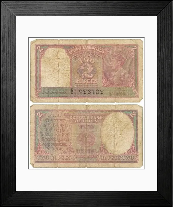Framed Print : circa 1940, Two Rupees note, India, obverse and reverse. Actual size: 113mm x 63mm Framed Print : circa 1940, Two Rupees note, India, obverse and reverse. Actual size: 113mm x 63mm