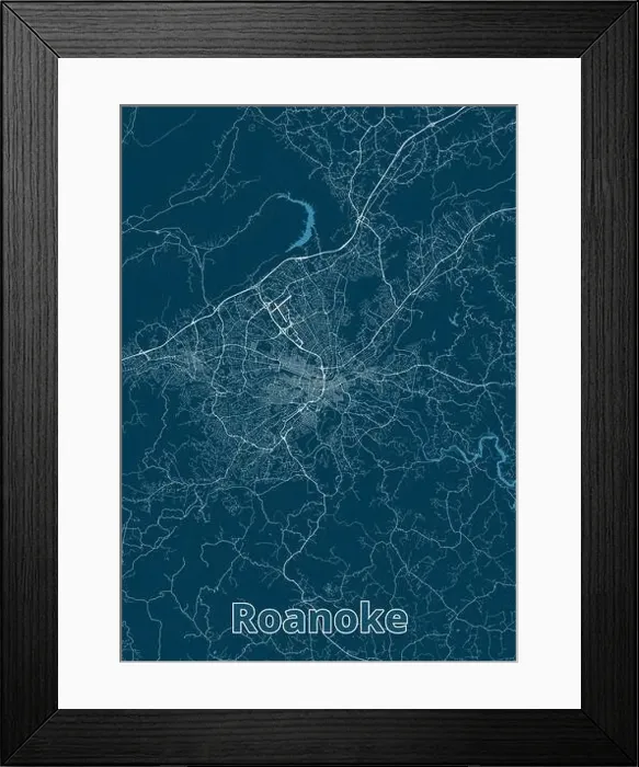 Framed Print : Roanoke, Virginia, United States artistic blueprint poster map Framed Print : Roanoke, Virginia, United States artistic blueprint poster map