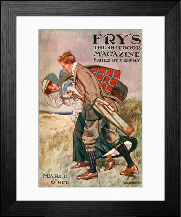 Framed Print : Golf, Frys Magazine, 1907, The Edwardian sports magazine cover shows a golfer on the windy links with his lady friend Framed Print : Golf, Frys Magazine, 1907, The Edwardian sports magazine cover shows a golfer on the windy links with his lady friend