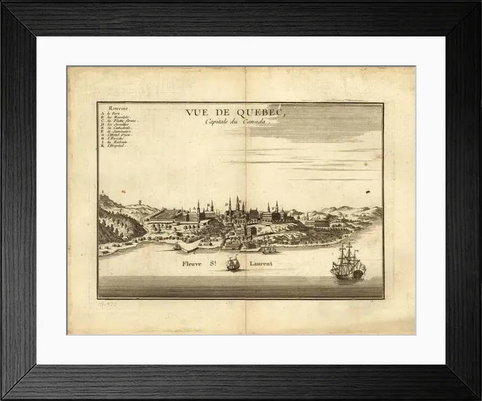 Framed Print : Panoramic view of Quebec City, Canada, in1755. Map also shows prominent buildings Framed Print : Panoramic view of Quebec City, Canada, in1755. Map also shows prominent buildings