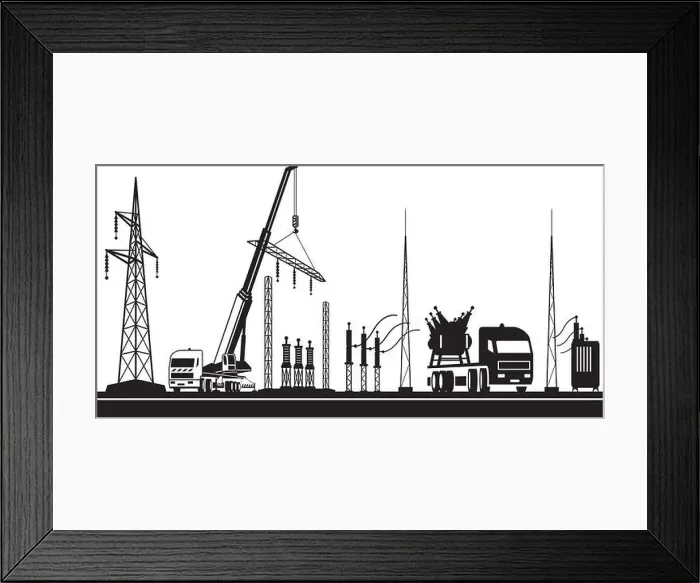 Framed Print : Construction of power grid substation – vector illustration Framed Print : Construction of power grid substation – vector illustration