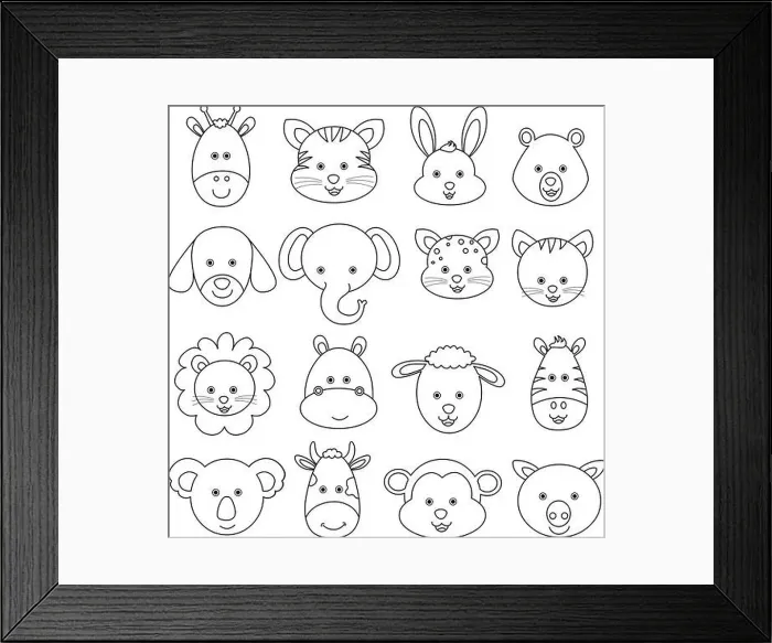 Framed Print : Set of cartoon animal face vector illustration, black line drawing on white abckground Framed Print : Set of cartoon animal face vector illustration, black line drawing on white abckground