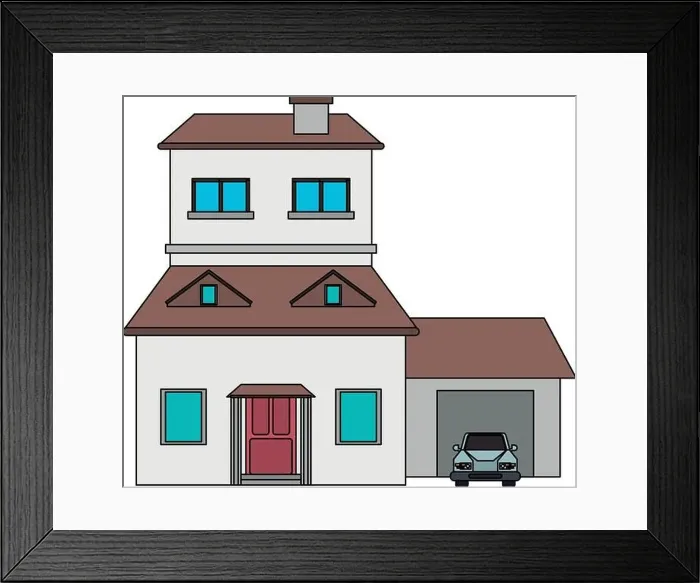 Framed Print : colorful image cartoon facade two house floors with garage and chimney Framed Print : colorful image cartoon facade two house floors with garage and chimney