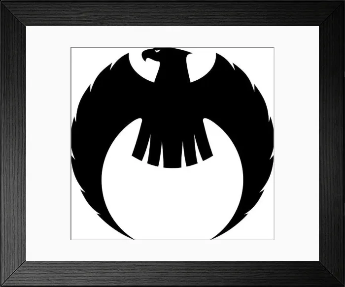 Framed Print : Powerful eagle silhouette with long curved wings and a fierce looking head turned to the side Framed Print : Powerful eagle silhouette with long curved wings and a fierce looking head turned to the side