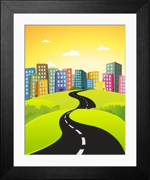 Framed Print : Illustration of a beautiful cartoon city road going downtown Framed Print : Illustration of a beautiful cartoon city road going downtown