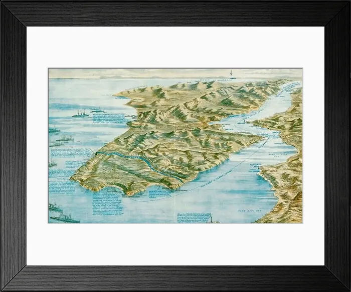 Framed Print : Graphic map of the Dardanelles and Gallipoli, showing the Allied bridgeheads at Cape Helles and ANZAC Cove