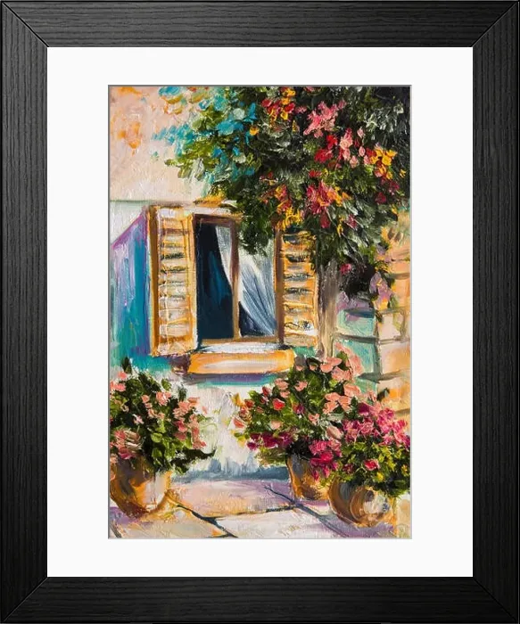 Framed Print : oil painting - beautiful nature, colorful flowers, greek street Framed Print : oil painting - beautiful nature, colorful flowers, greek street