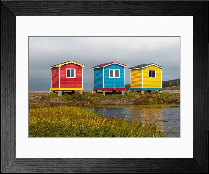Framed Print : Three colorful and bright sheds near the ocean with autumn foliage in the foreground Framed Print : Three colorful and bright sheds near the ocean with autumn foliage in the foreground