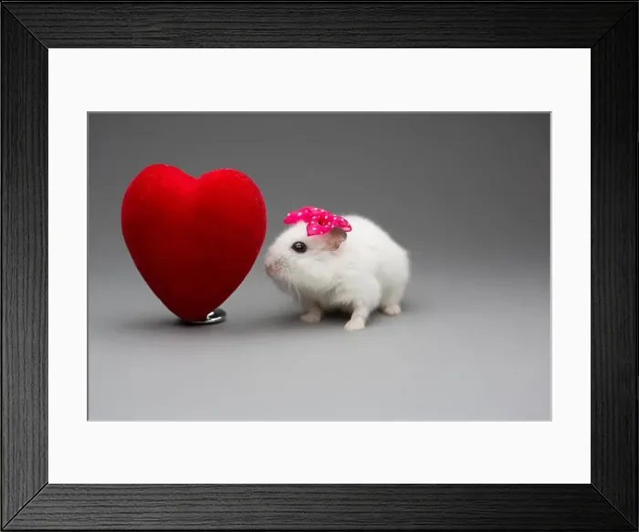 Framed Print : Cute hamster girl with pink bow on Valentines day on gray background Framed Print : Cute hamster girl with pink bow on Valentines day on gray background