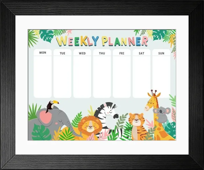 Framed Print : Weekly planner for kid. Child schedule for week with tropical jungle animals and plants Framed Print : Weekly planner for kid. Child schedule for week with tropical jungle animals and plants