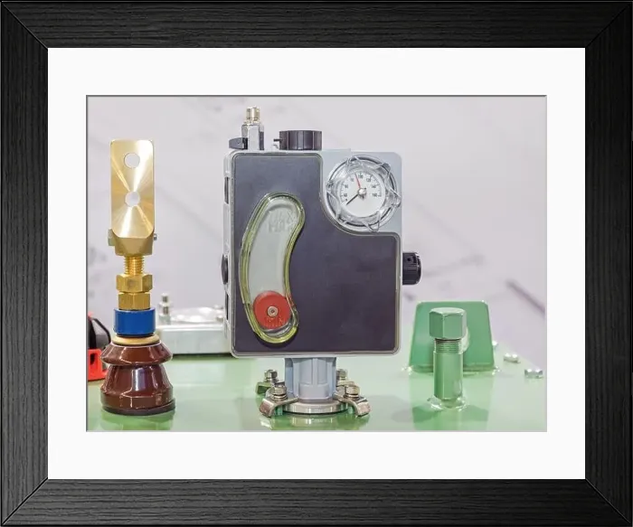 Framed Print : Integrated Safety Detector at Top of Electric Power Transformer Framed Print : Integrated Safety Detector at Top of Electric Power Transformer